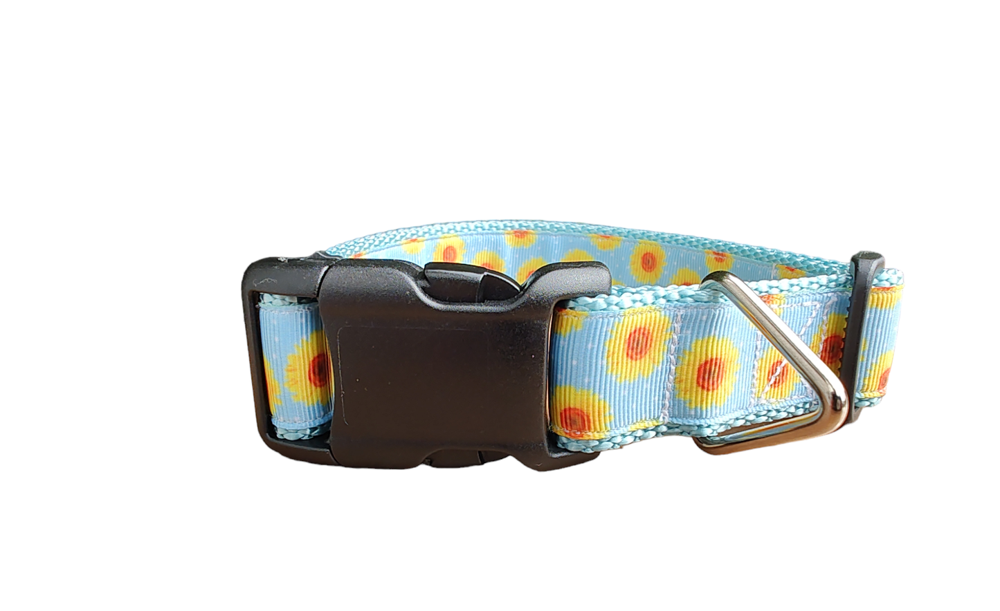 Yellow Flowers Light Blue Nylon Dog Collar MD, LG, XL, Martingale, Leash