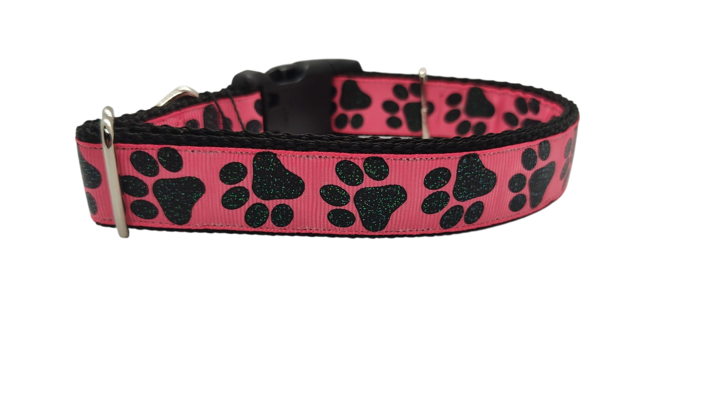 Black Glitter Paws On Pink Nylon Dog Collar