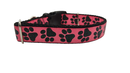 Black Glitter Paws On Pink Nylon Dog Collar