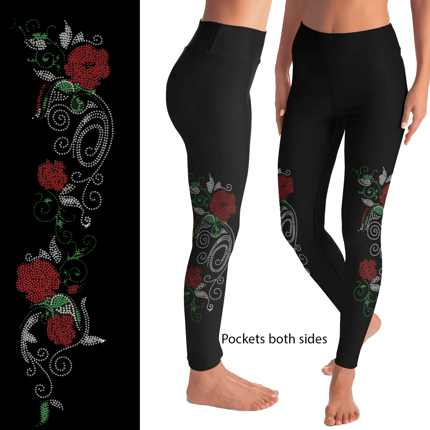 Red Rose Rhinestone Vine Leggings with Side Pockets
