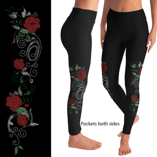 Red Rose Rhinestone Vine Leggings with Side Pockets