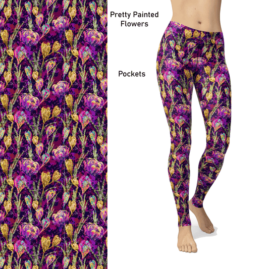 Pretty Painted Flowers  Leggings with Pockets