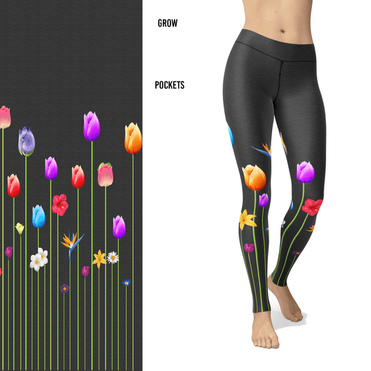 Flower Leggings with Tulips, Daisy, Lilly on a Gray Textured Background with Pocket