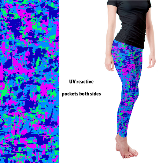 UV Reactive Fluorescent Neon  Camo Full Length Leggings with pockets