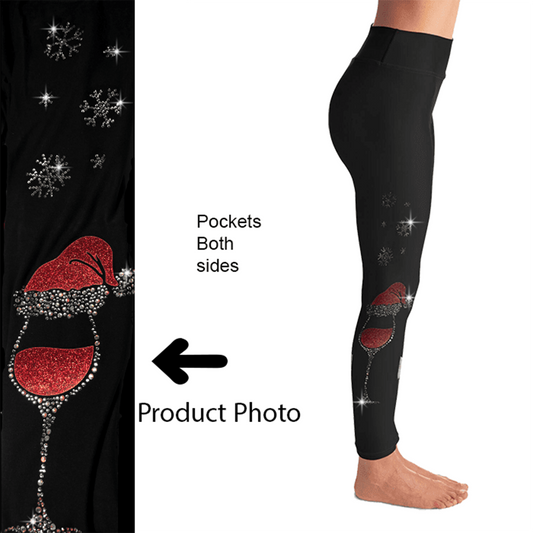 Santa Hat Wine Glass Leggings with Snowflakes & Pockets