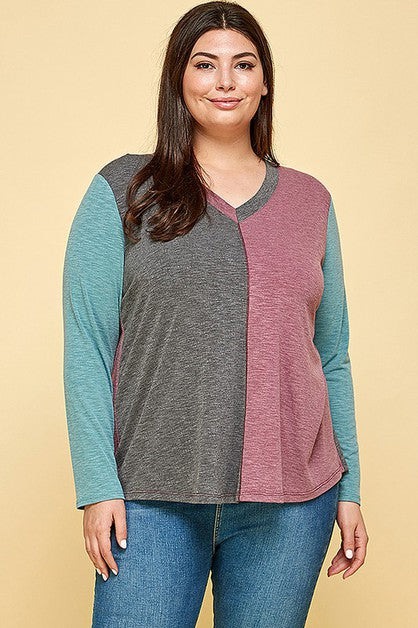 Charcoal and Mauve Two Toned ColorBlock V Neck