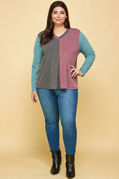 Charcoal and Mauve Two Toned ColorBlock V Neck