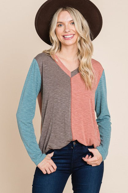 Brown and Rust Two Toned V Neck Top