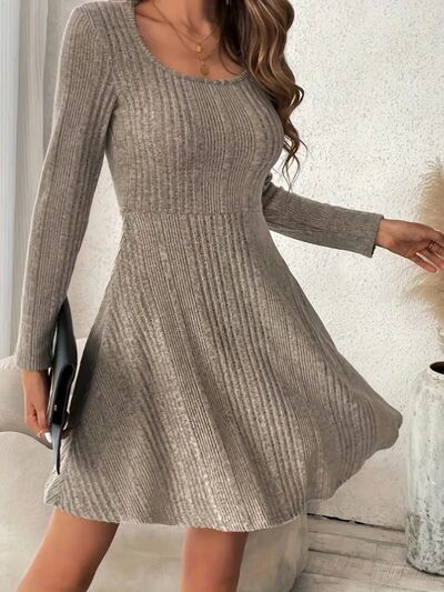 Ribbed Scoop Neck Long Sleeve Sweater Dress