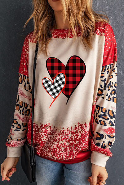 Heart Leopard Round Neck Sweatshirt