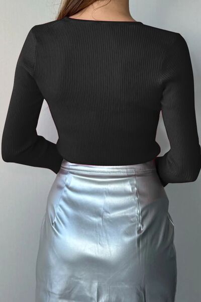 Cutout Round Neck Flare Sleeve Knit Top