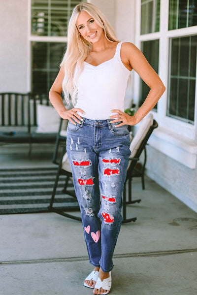 Heart Distressed Jeans with Pockets