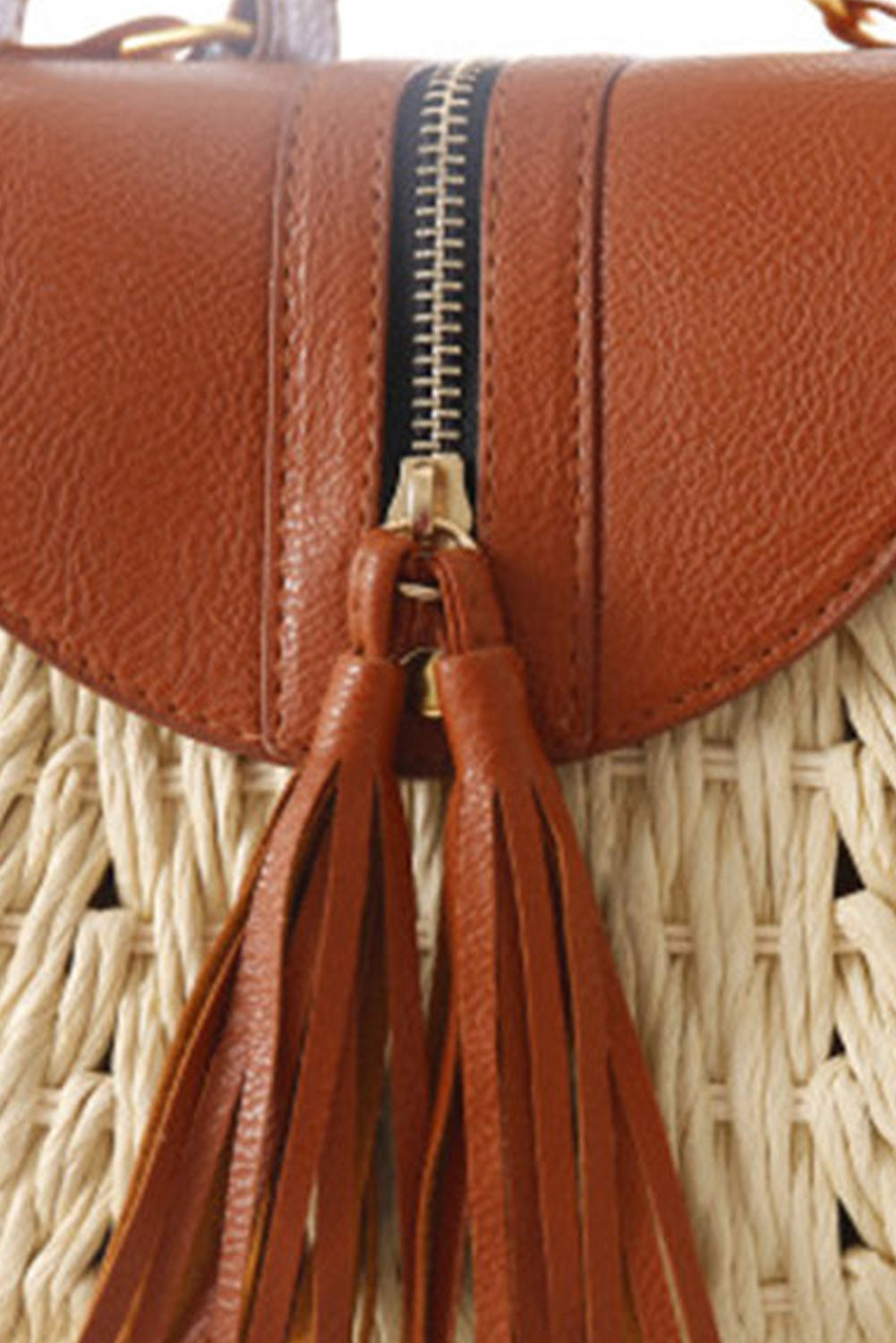 Beige Casual Woven Straw Knitting Fringe Crossbody Bag