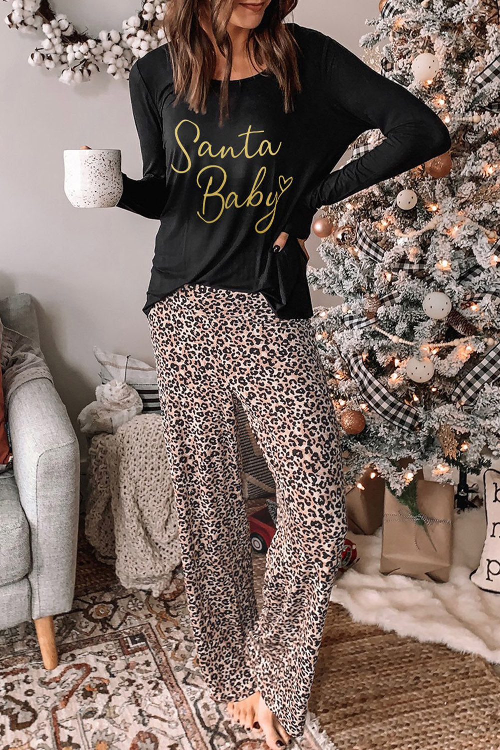 Santa Baby Leopard Print Long Sleeve Wide Leg Lounge Set