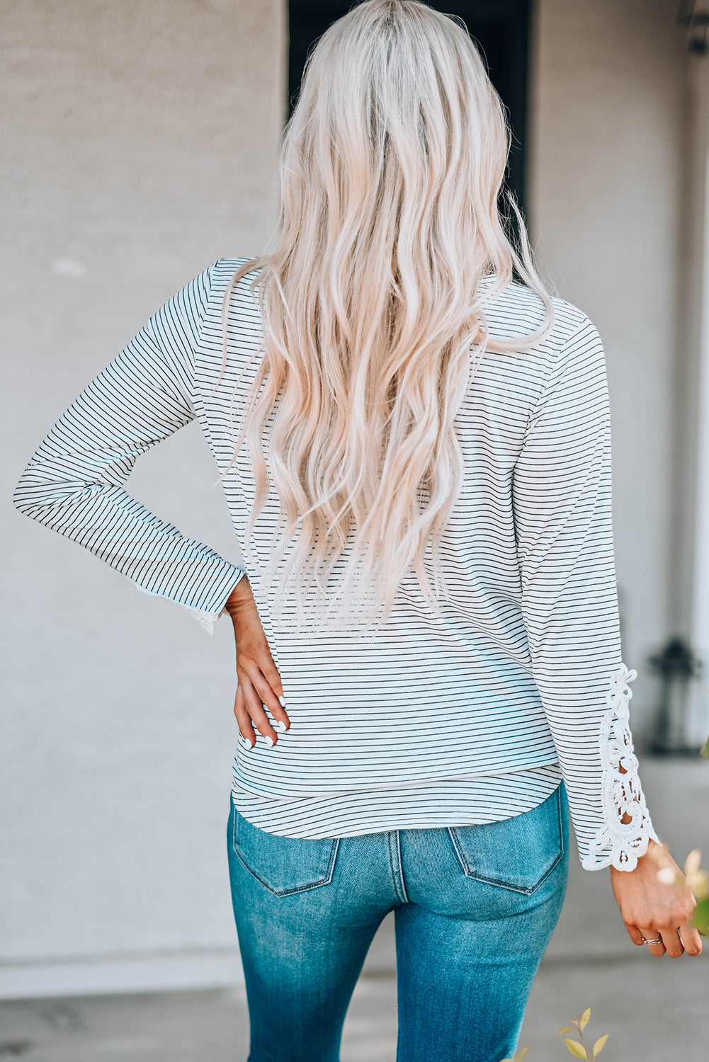 Lace-cut Stripe Long Sleeve Top