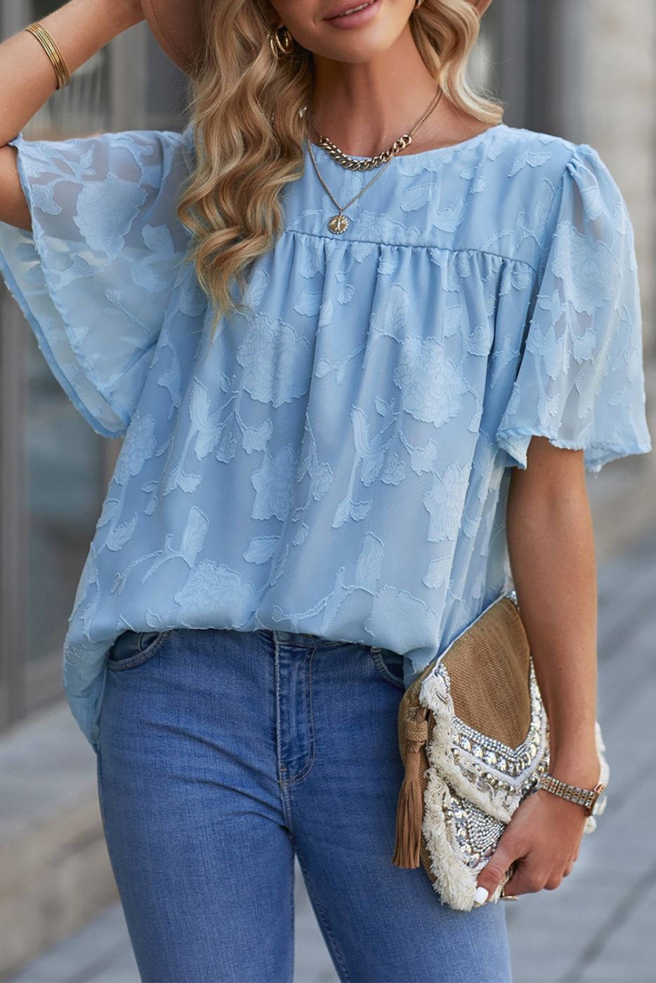 Blue Floral Lace Top with Liner