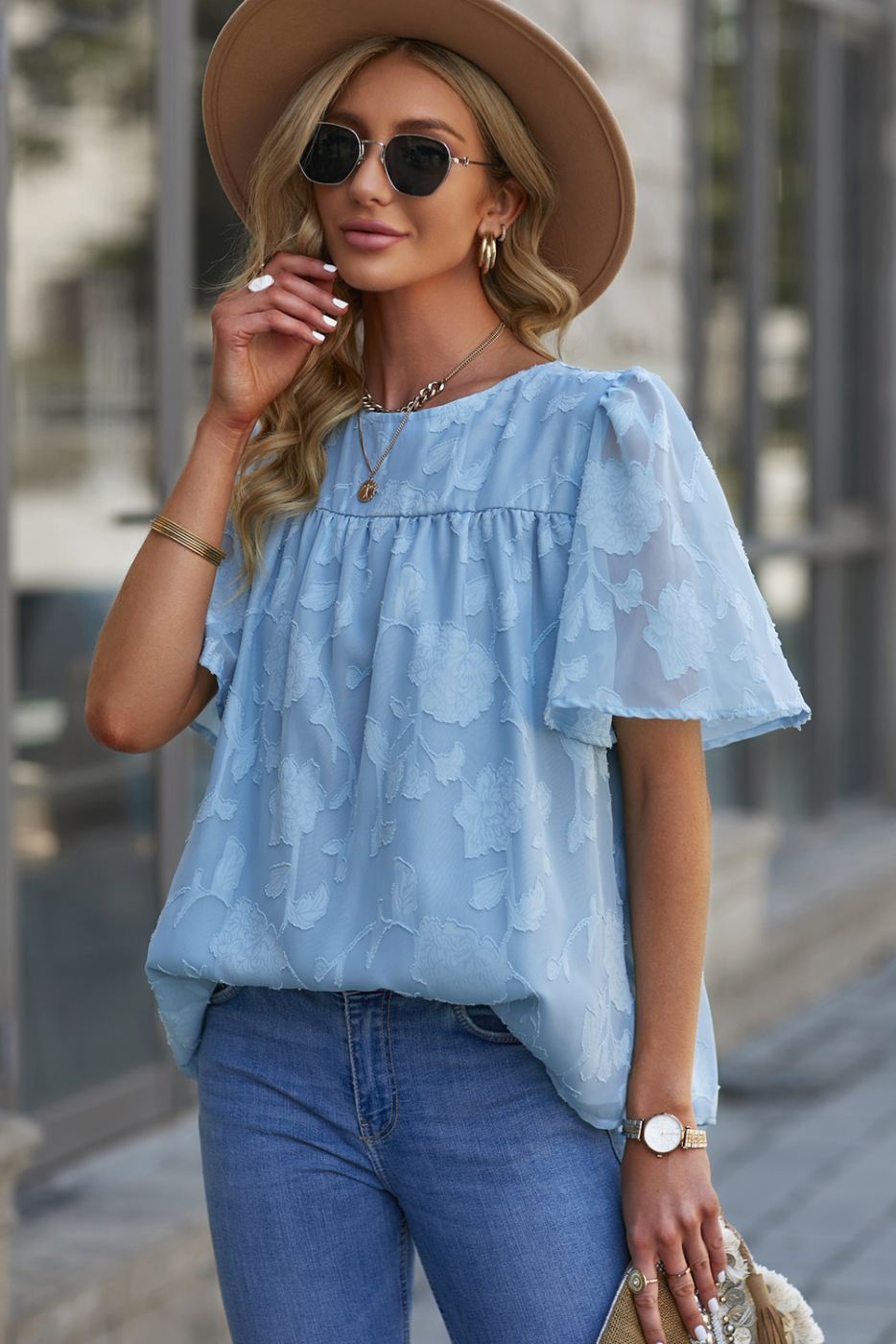 Blue Floral Lace Top with Liner