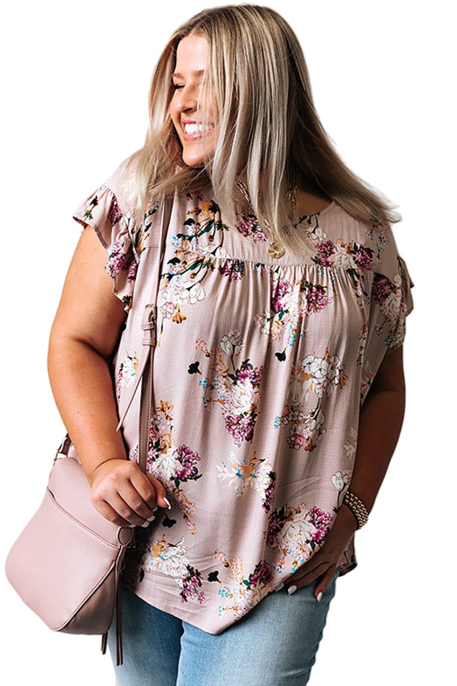 Floral Print Ruffled Knot Back Plus Size Babydoll Top