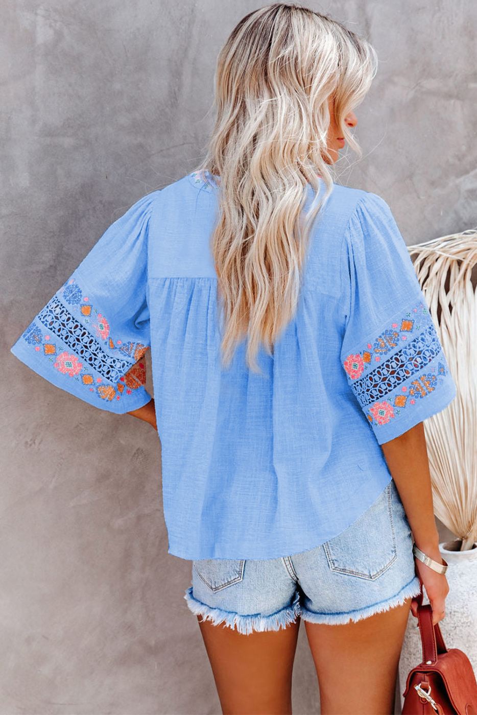Sky Blue Embroidered Tassel Top
