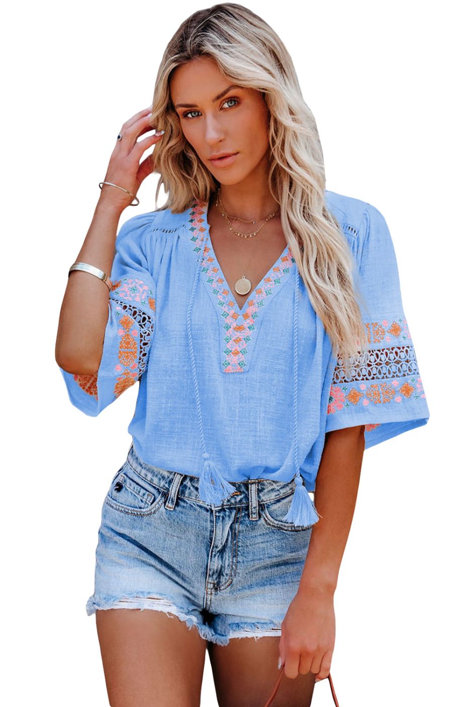 Sky Blue Embroidered Tassel Top: HIppy