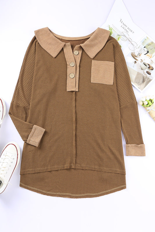 Brown Waffle Knit Buttoned Long Sleeve Top