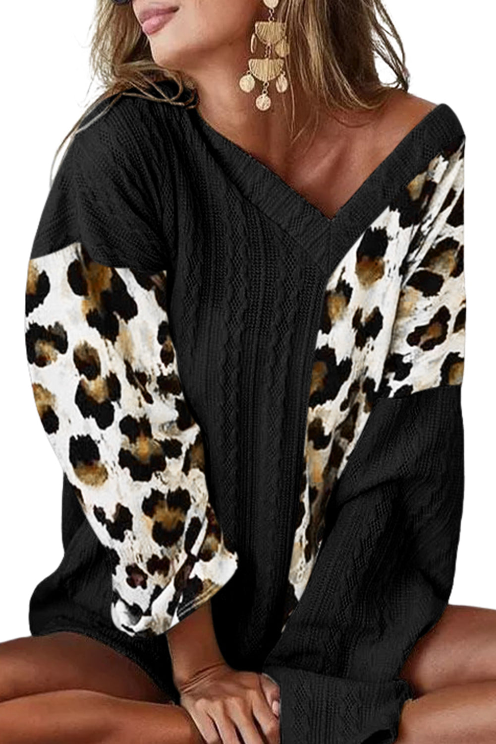 Black Leopard V Neck Sweater