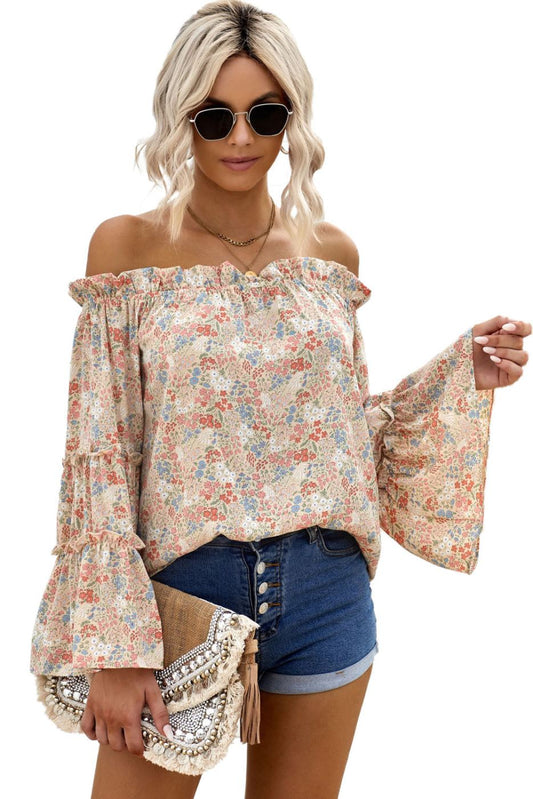 Floral Print Off The Shoulder Ruffled Bell Sleeve Blouse