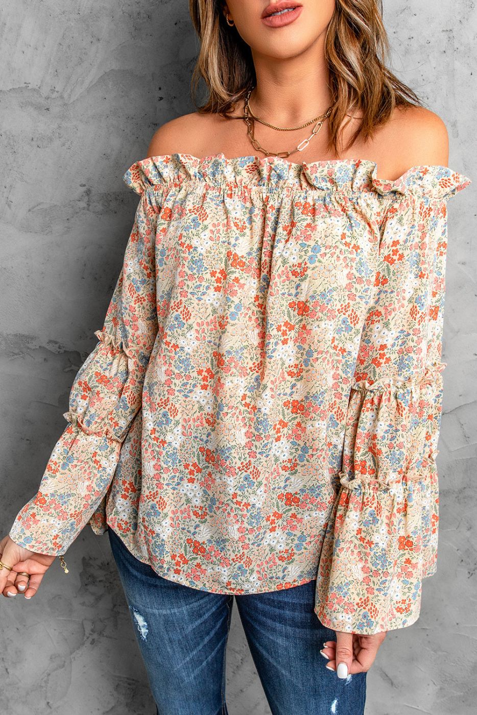 Floral Print Off The Shoulder Ruffled Bell Sleeve Blouse