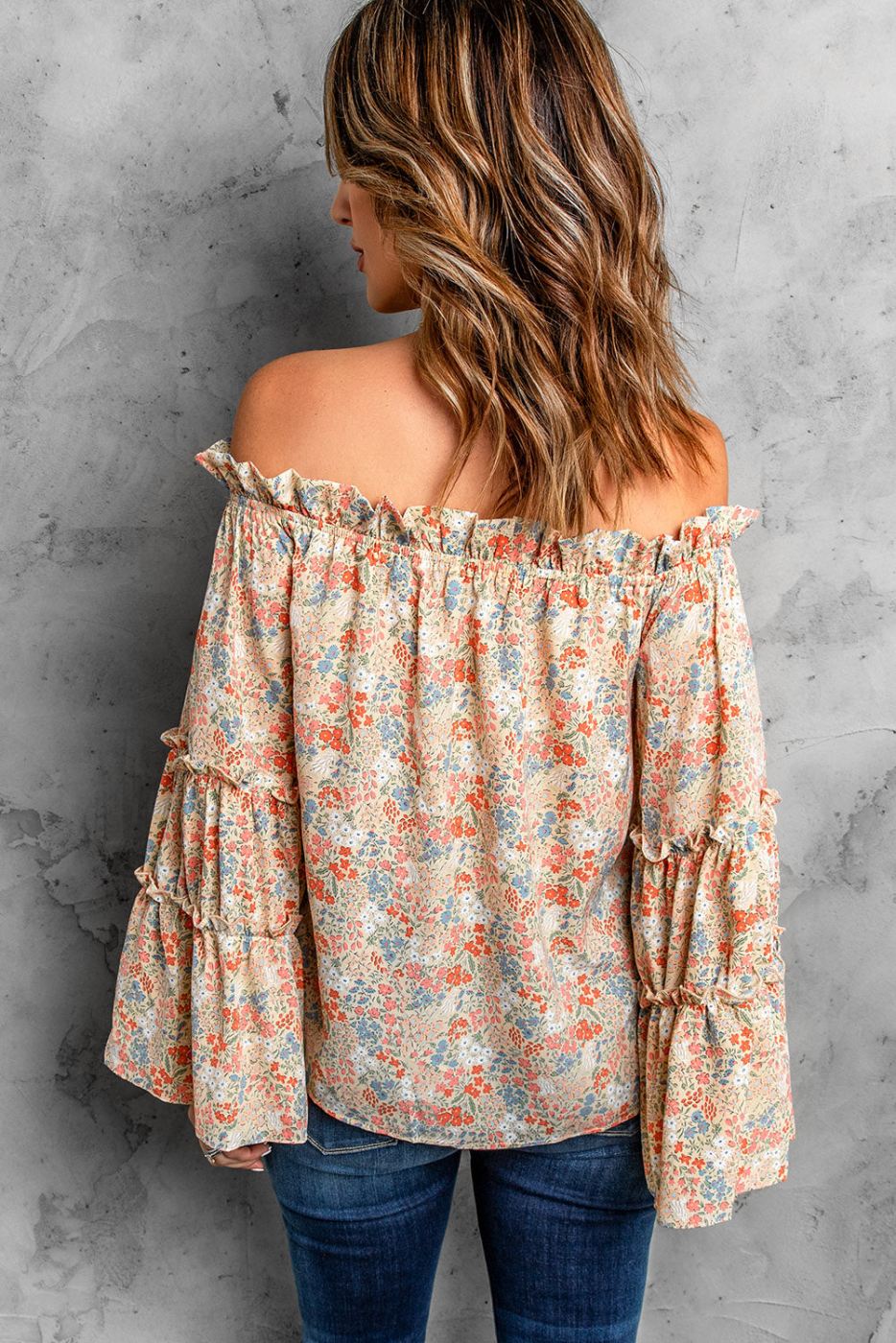 Floral Print Off The Shoulder Ruffled Bell Sleeve Blouse