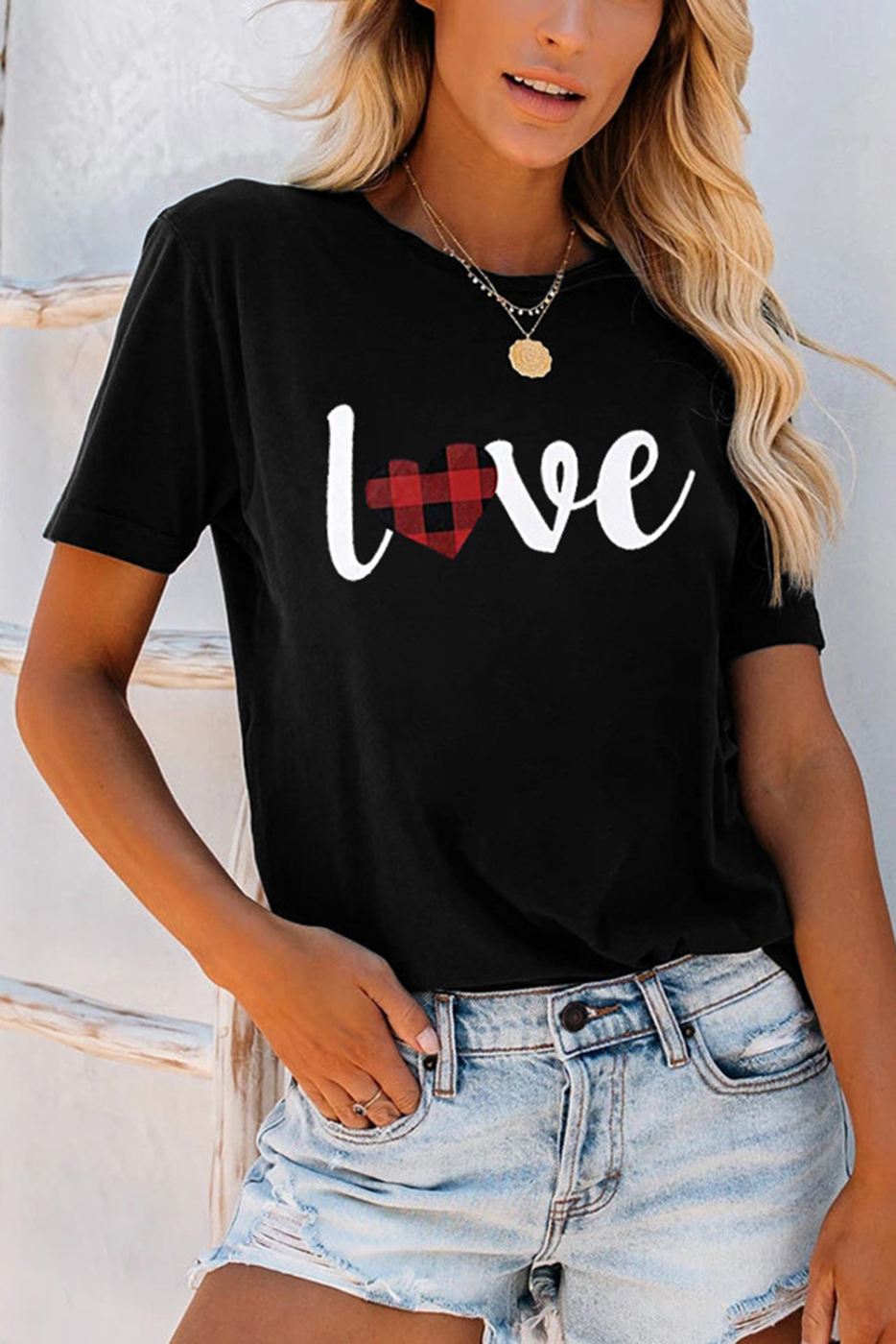 Love Heart Shape Plaid Print Short Sleeve T-shirt