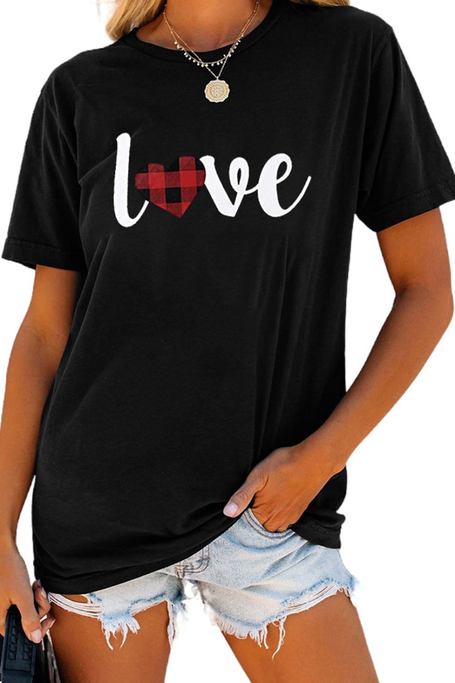 Love Heart Shape Plaid Print Short Sleeve T-shirt