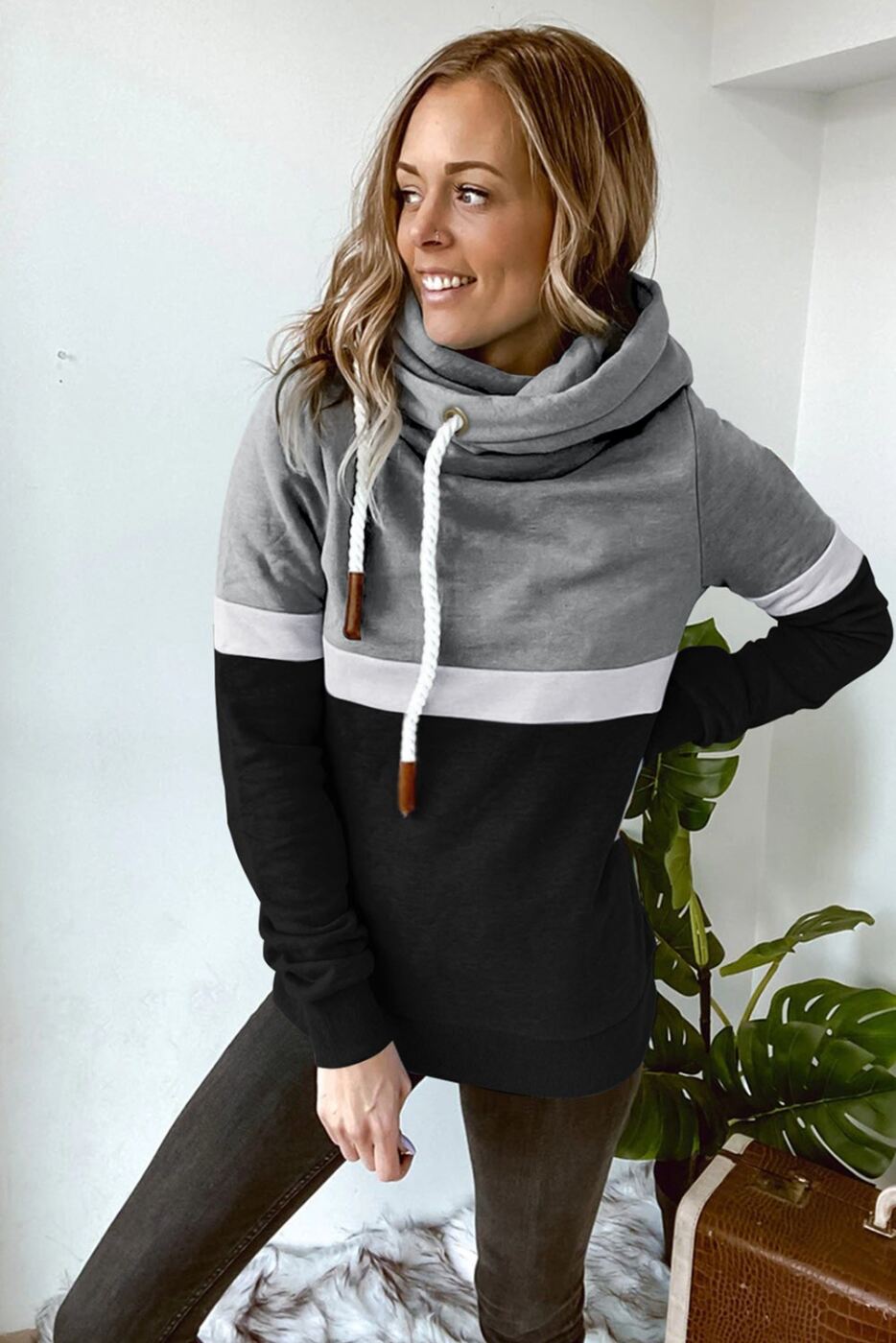 Drawstring Cowl Neck Colorblock Hoodie