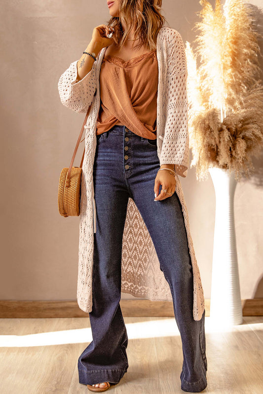Apricot Crochet Hollow-out Long Cardigan