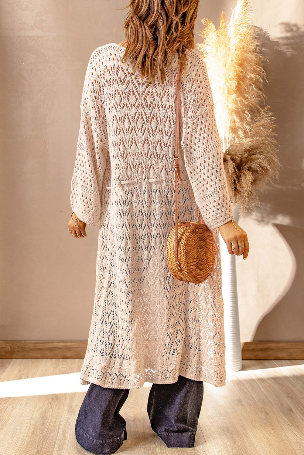 Apricot Crochet Hollow-out Long Cardigan