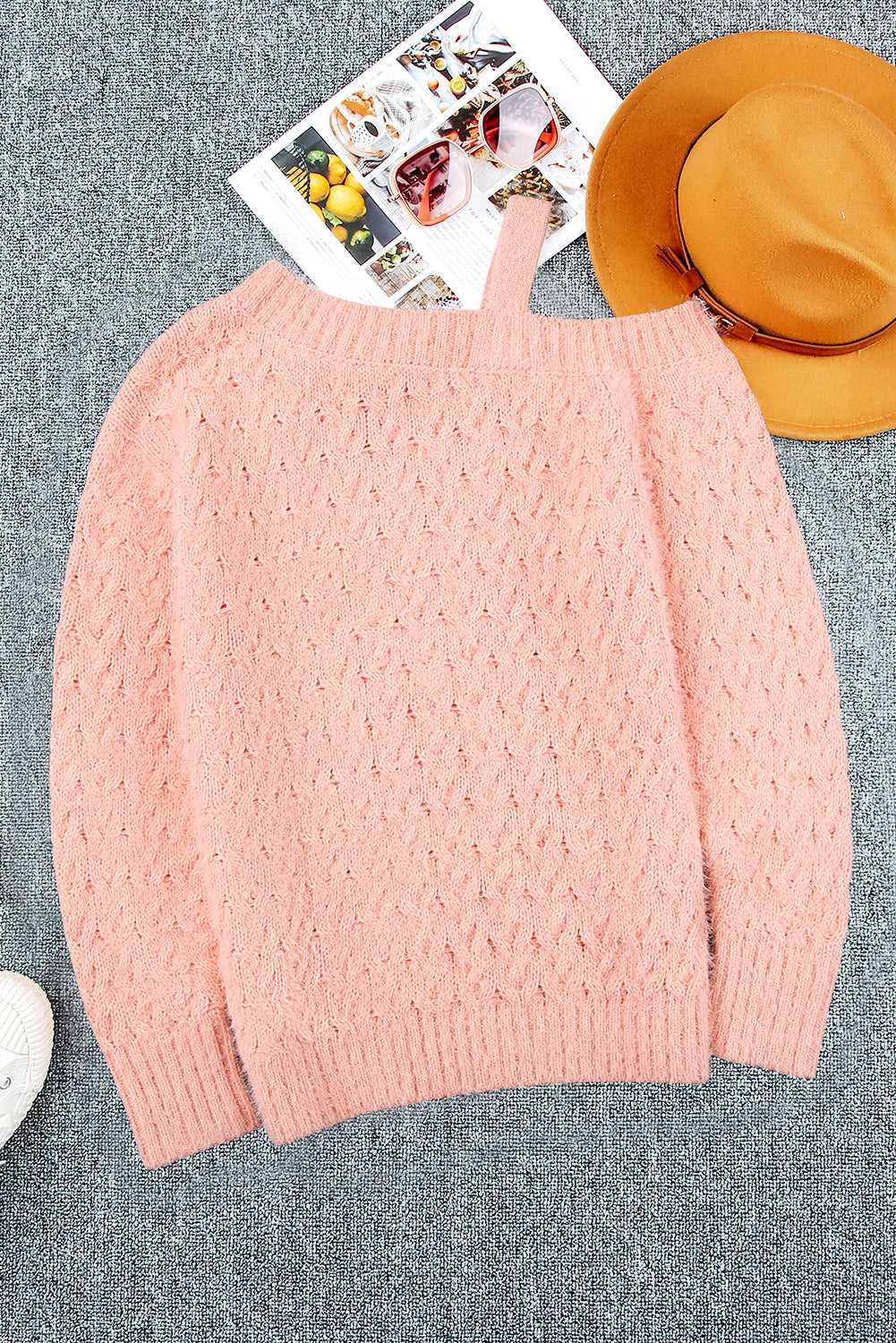 Pink Asymmetric Cut Out Cold Shoulder Eyelash Sweater