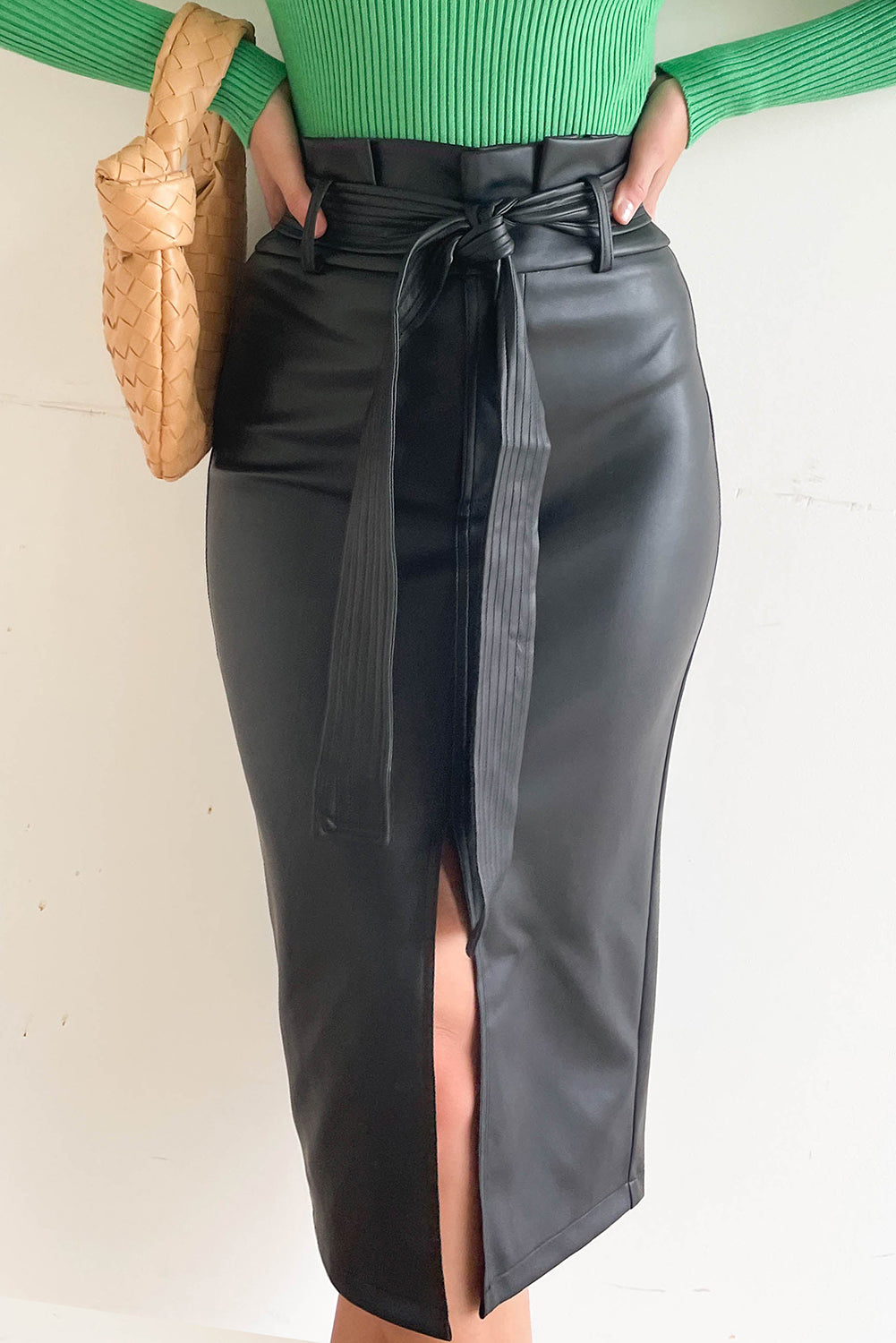 Black Faux Leather BodyCon Style Midi Skirt