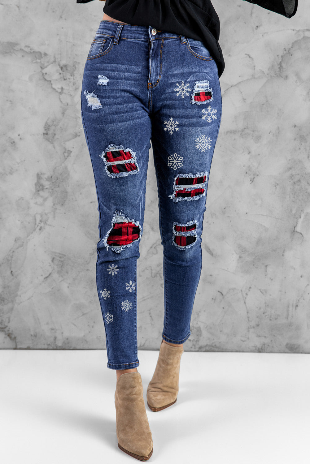 Christmas Snowflake Plaid Distressed Skinny Graphic Jeans