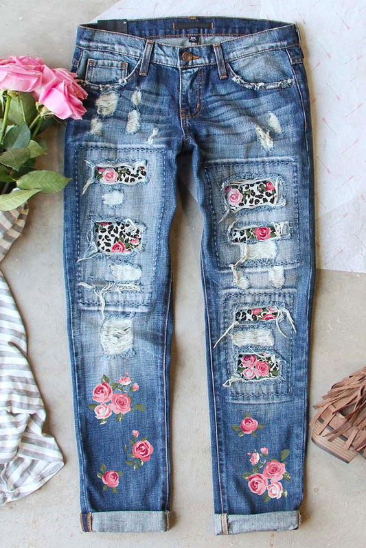 Light Blue Floral Leopard Patchwork Ripped Jeans