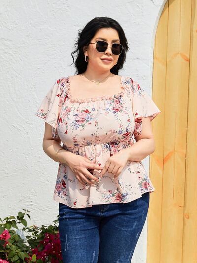 Plus Size Frill Printed Flutter Sleeve Blouse