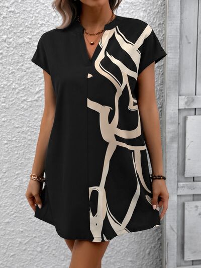 Printed Notched Short Sleeve Dress
