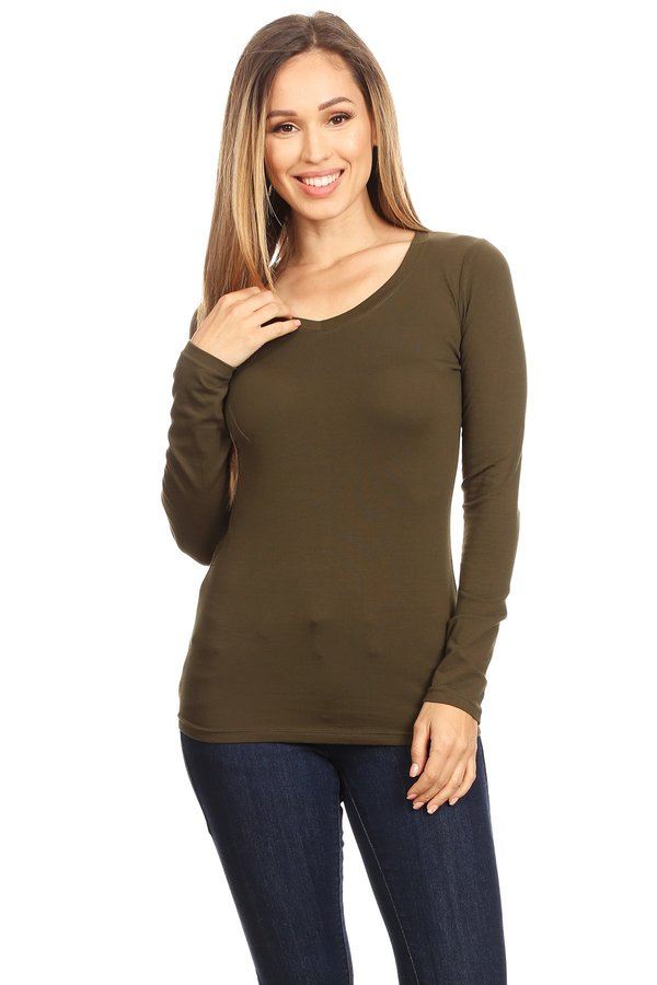 Fitted Long Sleeve V- Neck Tops By Rosio