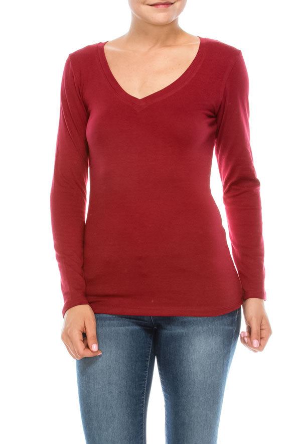 Fitted Long Sleeve V- Neck Tops By Rosio