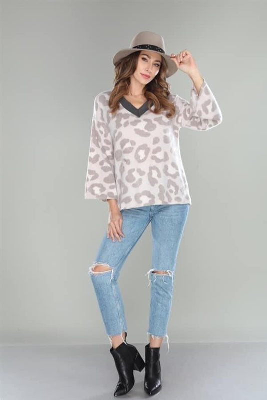 COW PRINT V-NECK TOP