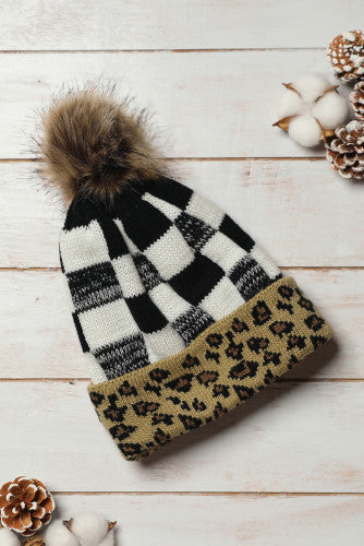 Black Plaid Leopard Patchwork Pom Knit Beanie Hat