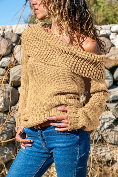 Khaki off- shoulder knit sweater
