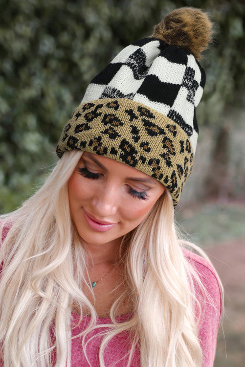 Black Plaid Leopard Patchwork Pom Knit Beanie Hat